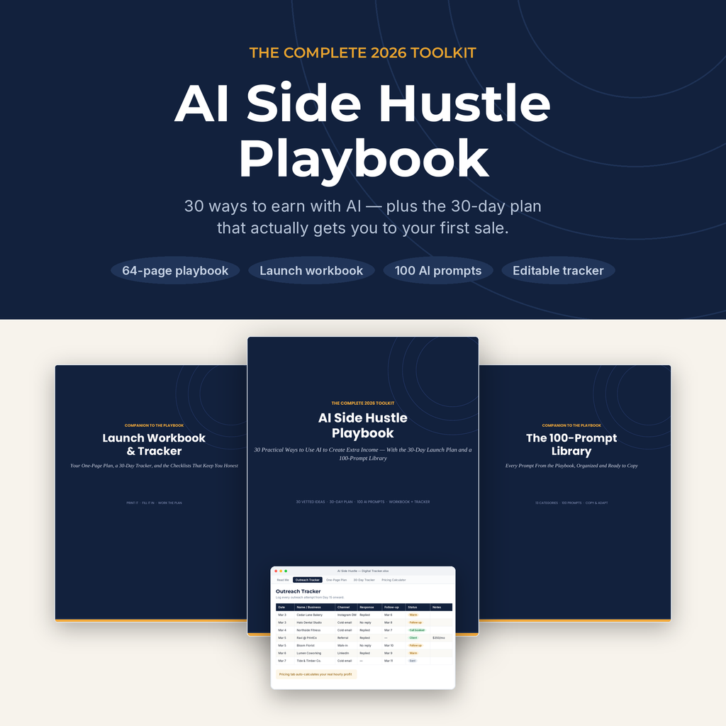 AI Side Hustle Playbook bundle — playbook, launch workbook, 100-prompt library and editable tracker