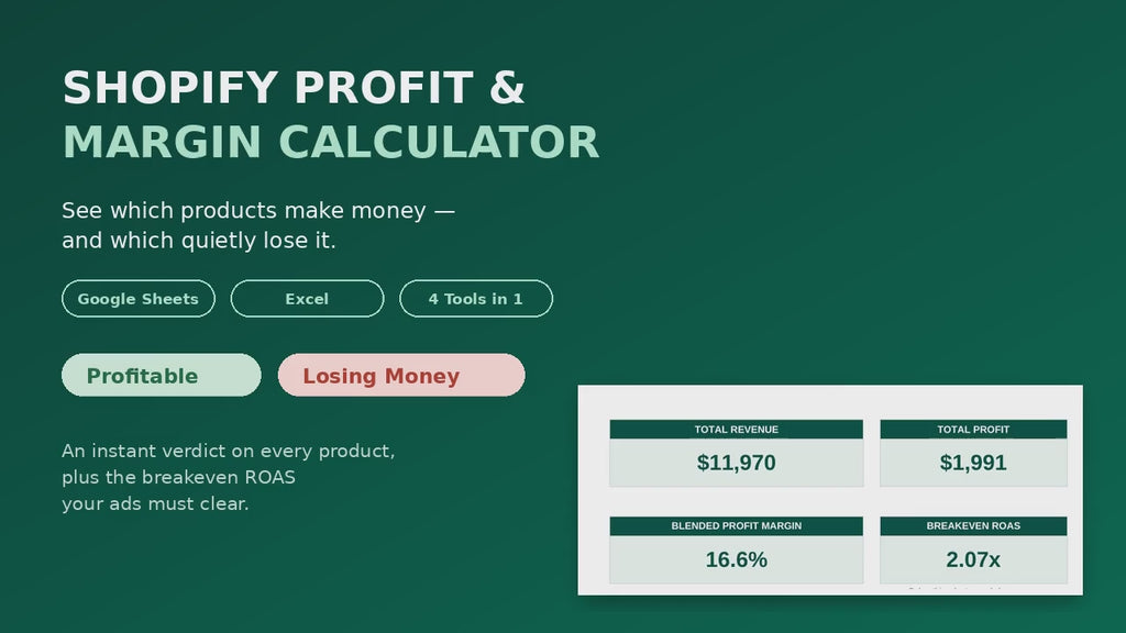 Shopify Profit & Margin Calculator — Google Sheets Spreadsheet for Ecommerce & Dropshipping